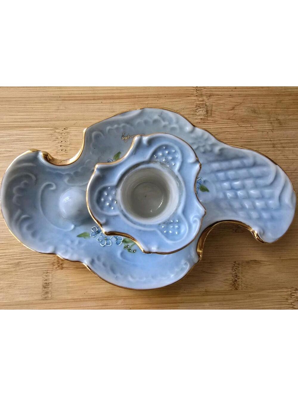 ‌Vtg 7" Chamber Candlestick Holder Blue Handpainted & Artist Signed  C. Murphy